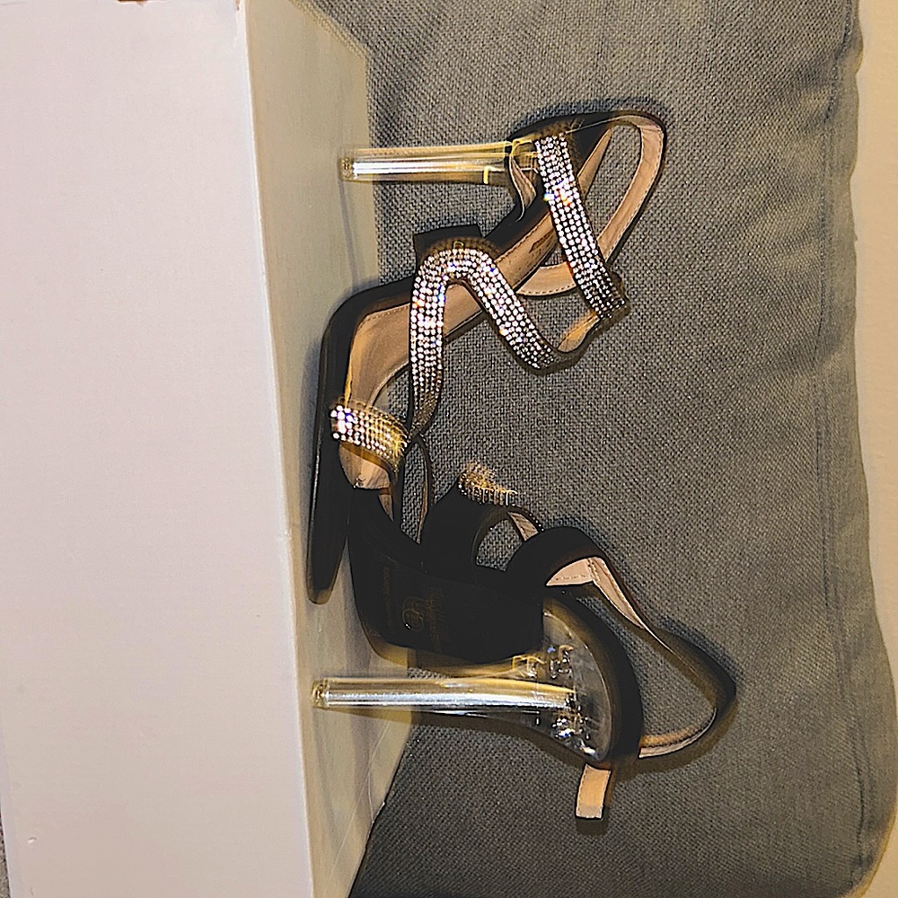 Black and rhinestone 6-inch heels.